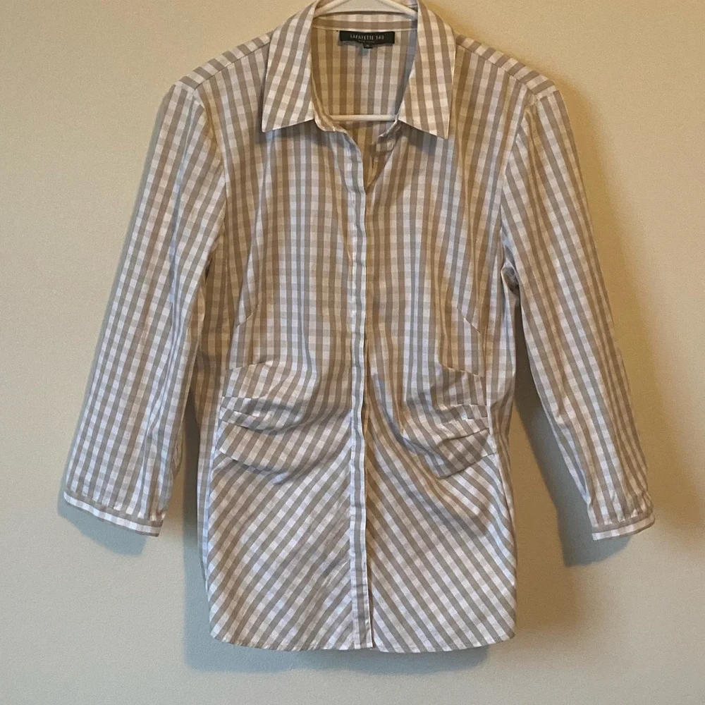 Lafayette 148 New York Beige Gingham Button Down Shirt - Picture 2 of 7